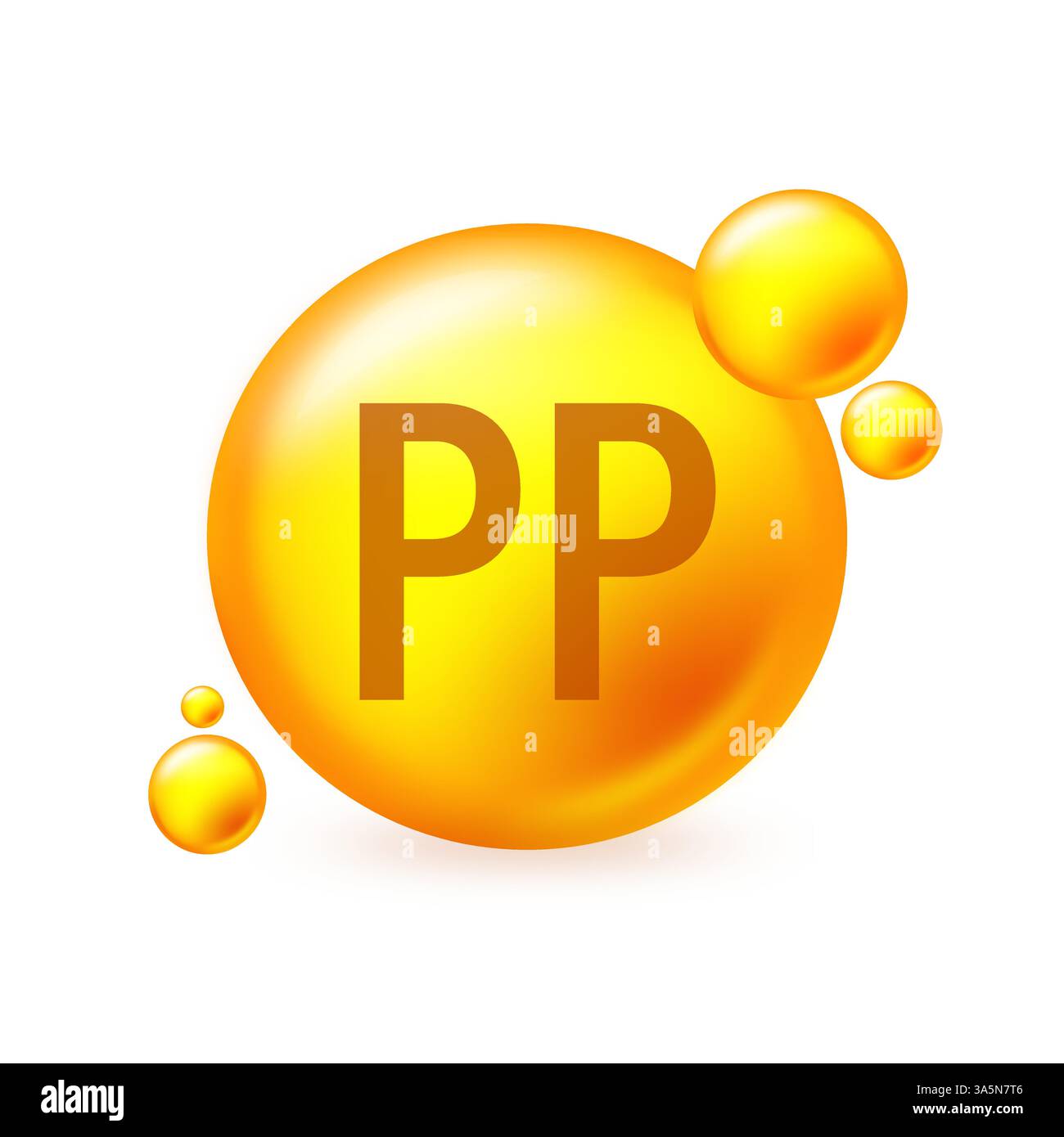 Icône de capcule de pilule brillante de vitamine PP or. Illustration vectorielle de capcule de pilule sur fond isolé blanc Illustration de Vecteur
