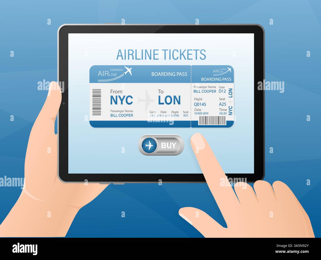 Billets d'avion en ligne avec mains et tablette dans un style plat. Illustration vectorielle isolée. Illustration de Vecteur