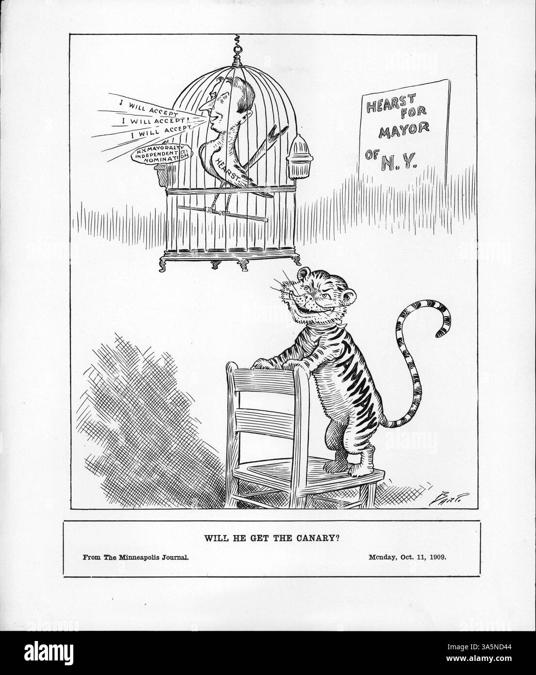 Caricature politique montrant un tigre représentant Tammany Hall se faufilant sur le candidat à la mairie de New York William Randolph Hearst, symbolisé par un canari dans une cage. L’image illustre la lutte de Hearst contre l’influence politique et sa revendication de l’indépendance. Banque D'Images