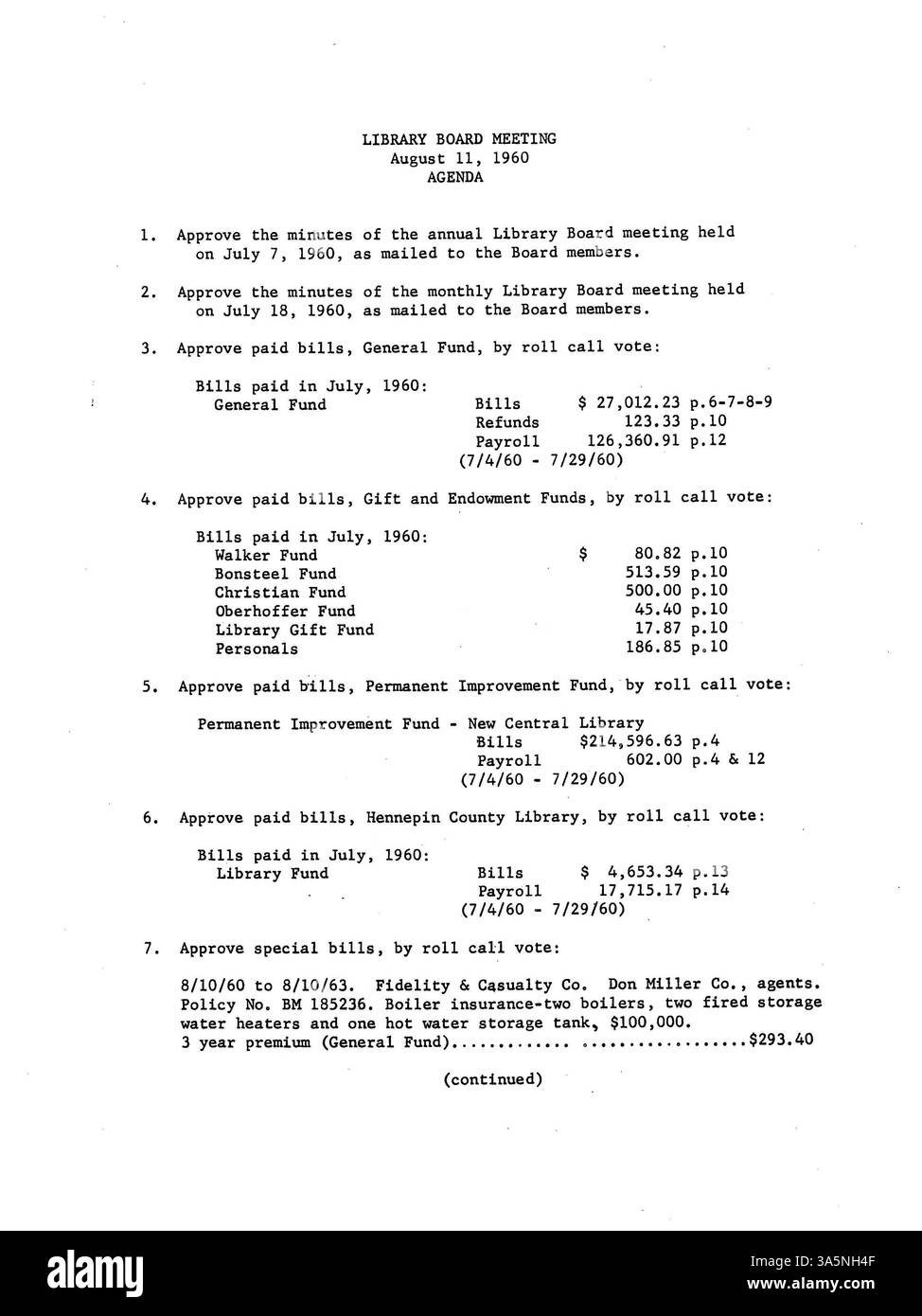 Procès-verbal de la réunion de 1960 du conseil d'administration de la Bibliothèque publique de Minneapolis, résumant les décisions clés liées aux services de bibliothèque, à la gestion financière et à la sensibilisation du public. Banque D'Images Procès-verbal de la réunion de 1960 du conseil d'administration de la Bibliothèque publique de Minneapolis, résumant les décisions clés liées aux services de bibliothèque, à la gestion financière et à la sensibilisation du public. Banque D'Images