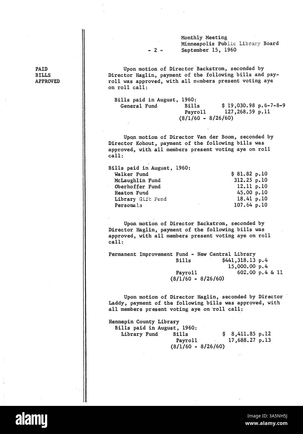 Procès-verbal du conseil d'administration de la Bibliothèque publique de Minneapolis de 1960, documentant les décisions sur les allocations financières, les services publics et l'élaboration de programmes de bibliothèque. Banque D'Images Procès-verbal du conseil d'administration de la Bibliothèque publique de Minneapolis de 1960, documentant les décisions sur les allocations financières, les services publics et l'élaboration de programmes de bibliothèque. Banque D'Images