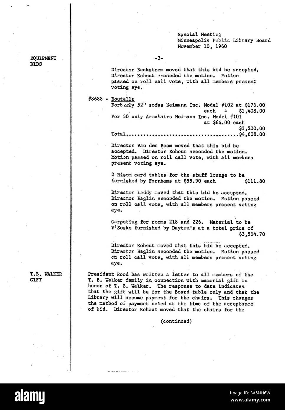 Procès-verbal de la réunion de 1960 du conseil d'administration de la bibliothèque publique de Minneapolis, décrivant les affectations financières, l'élaboration de programmes et les décisions sur les services de bibliothèque pour l'année. Banque D'Images Procès-verbal de la réunion de 1960 du conseil d'administration de la bibliothèque publique de Minneapolis, décrivant les affectations financières, l'élaboration de programmes et les décisions sur les services de bibliothèque pour l'année. Banque D'Images