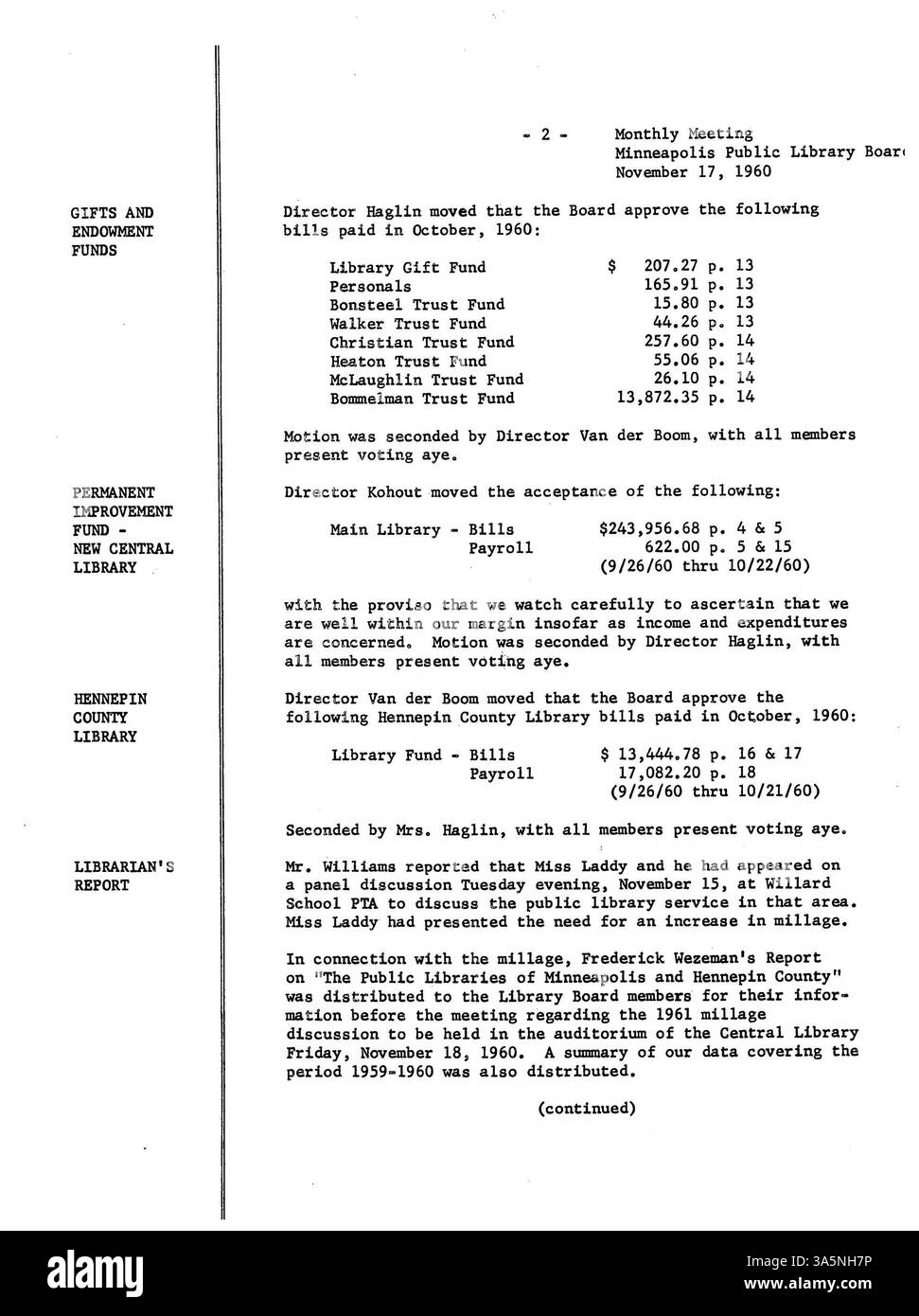 Les 1960 minutes du conseil d'administration de la bibliothèque publique de Minneapolis, résumant les discussions sur les services de bibliothèque, la planification financière et l'élaboration des programmes pour l'année. Banque D'Images Les 1960 minutes du conseil d'administration de la bibliothèque publique de Minneapolis, résumant les discussions sur les services de bibliothèque, la planification financière et l'élaboration des programmes pour l'année. Banque D'Images