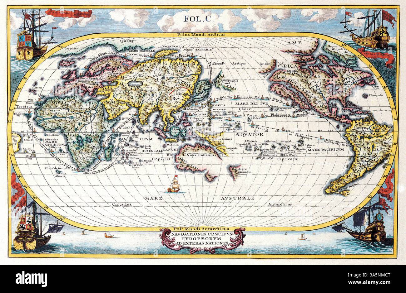 SEATTLE -SEP 26, 2024 - carte du monde antique colorée, avec des voiliers, montrant les principales navigations européennes vers des Nations extérieures dans le pacifique jument Banque D'Images