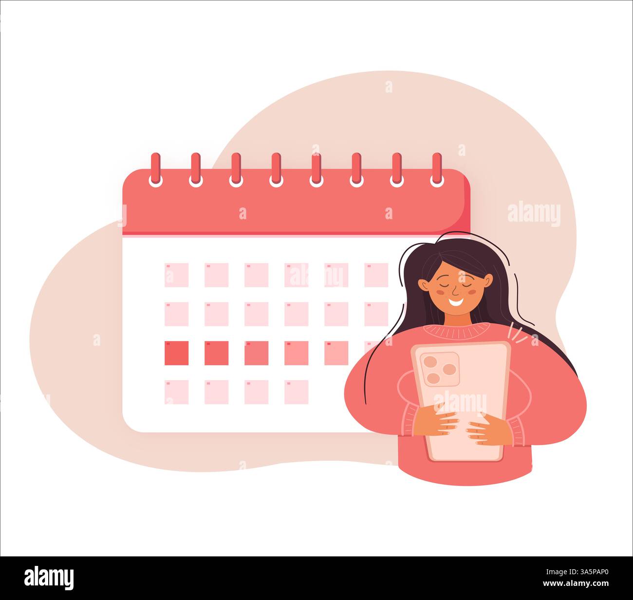 Planification du calendrier menstruel : femme utilisant l'application smartphone pour le suivi des périodes Illustration de Vecteur