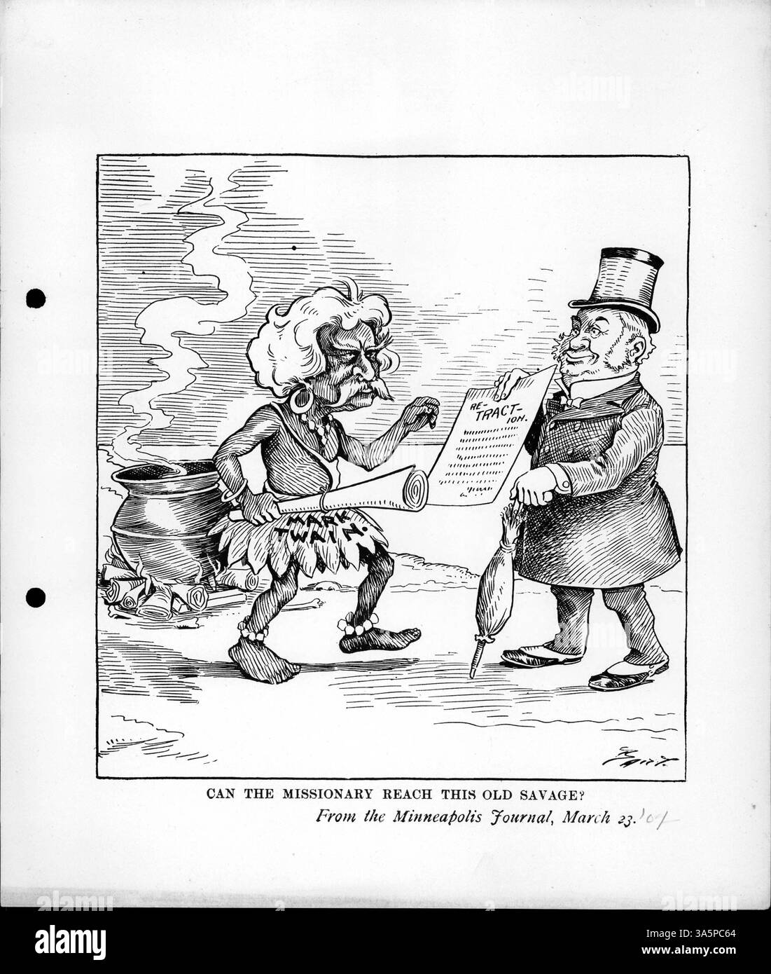 Une bande dessinée représente Mark Twain, dessiné comme un membre primitif de la tribu, se voyant offrir une rétractation par un homme convenable. TWAIN avait récemment été intronisé au London Savage Gentlemen's Club et poursuivait un éditeur pour violation du droit d'auteur. Banque D'Images
