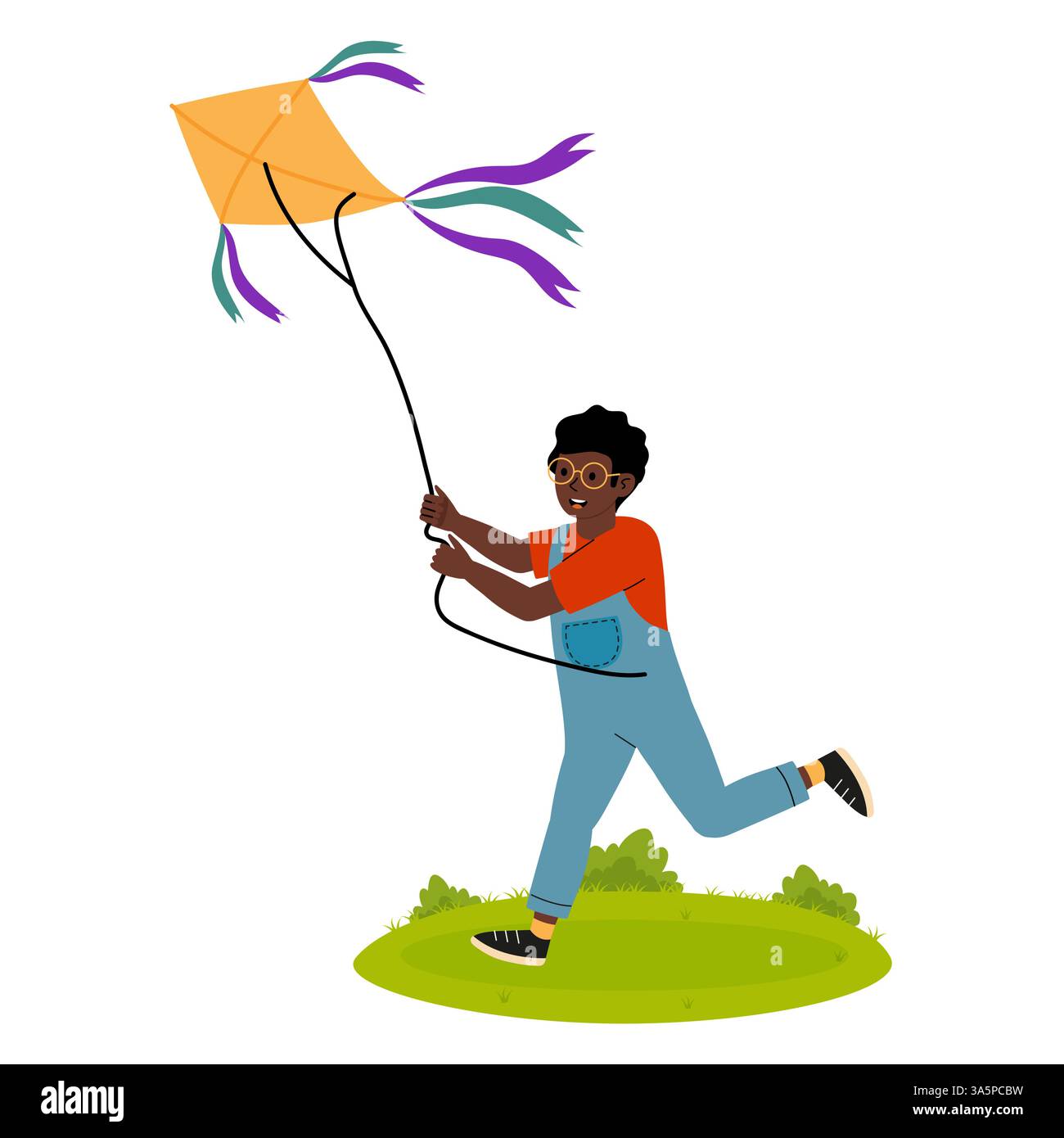 Enfant aime voler un cerf-volant coloré dans le parc pendant un après-midi ensoleillé Illustration de Vecteur