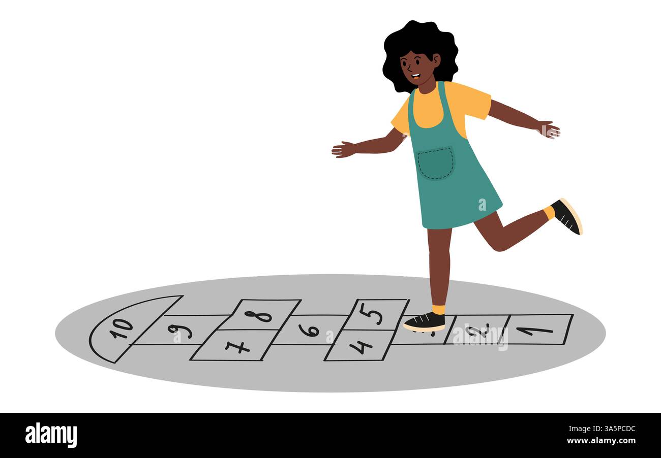 Enfant jouant au hopscotch sur le trottoir dans un cadre extérieur ensoleillé Illustration de Vecteur