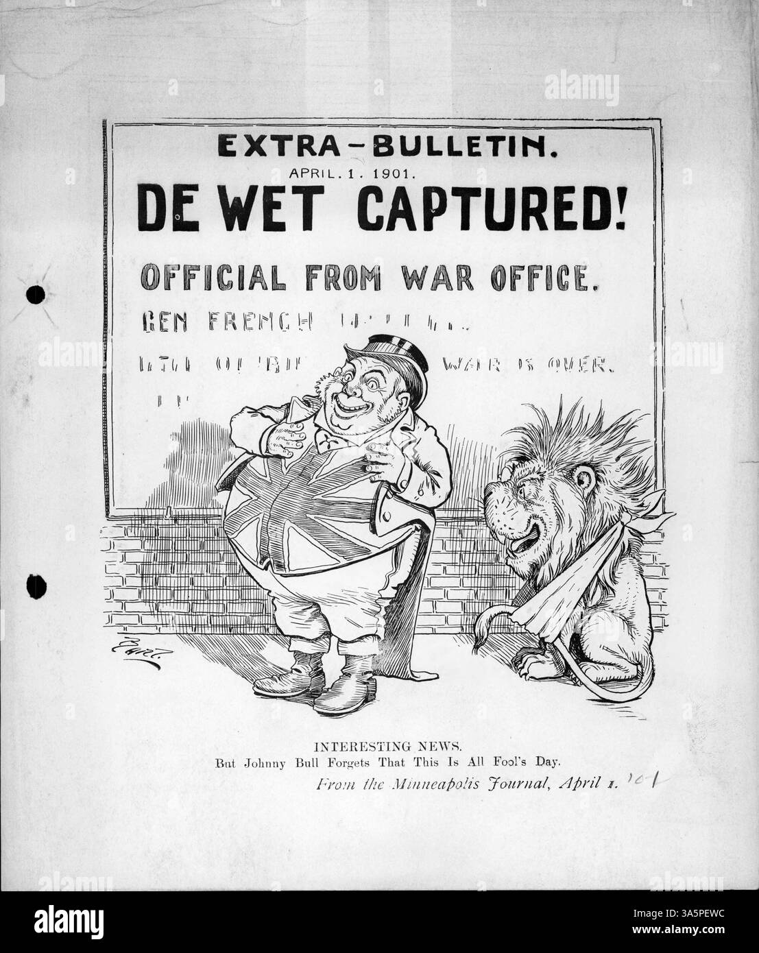 Un article humoristique d'April Fool's Day trompe John Bull avec un titre affirmant que le général Boer Christiaan de Wet a été capturé, jouant sur de faux reportages de l'époque. Banque D'Images