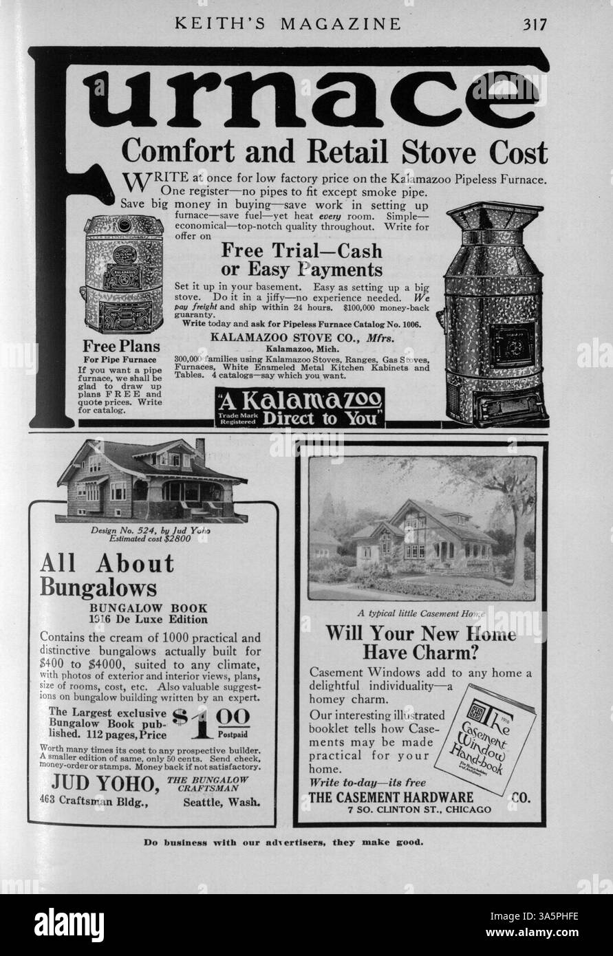 Keith's Magazine, publié pour la première fois en 1916, est une publication mensuelle de l'architecte Max L. Keith de Minneapolis. Il présente des conceptions de maison, des plans d'étage et des photographies, offrant des détails pratiques sur les coûts de construction de divers styles de maisons. Le magazine présente également des articles sur la décoration intérieure, l'aménagement paysager et des publicités pour les matériaux de construction et l'ameublement de la maison. Certaines questions comprennent des plans pour les églises et les écoles. Banque D'Images