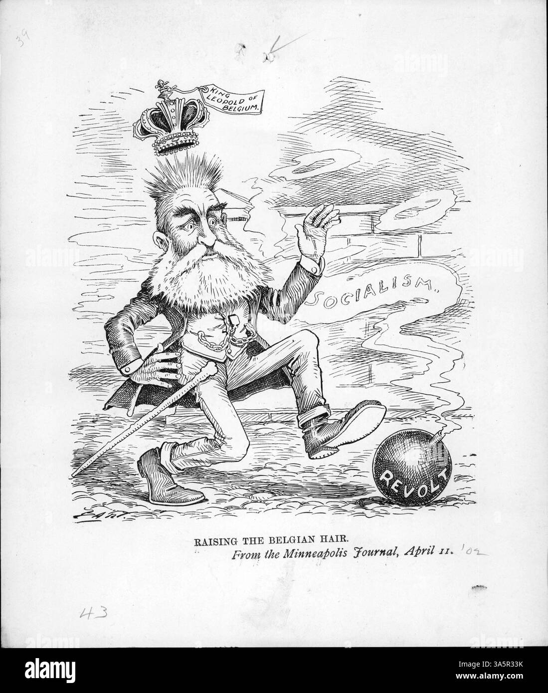 Cette caricature représente le roi Léopold de Belgique presque en train de marcher sur une bombe marquée « révolte », symbolisant les troubles en Belgique au début du XXe siècle. Banque D'Images