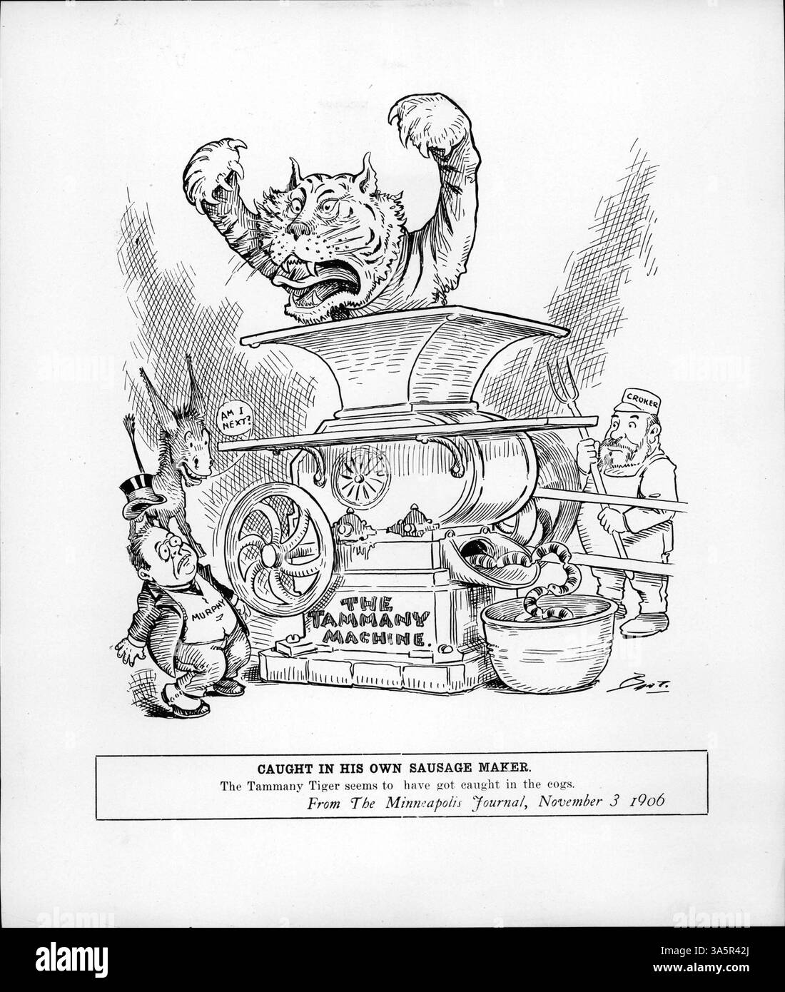 Cette caricature politique de l'époque de Tammany Hall représente le 'Tammany Tiger' pris dans les engrenages de la machine, symbolisant les luttes politiques au sein de l'organisation Tammany en faction. Banque D'Images