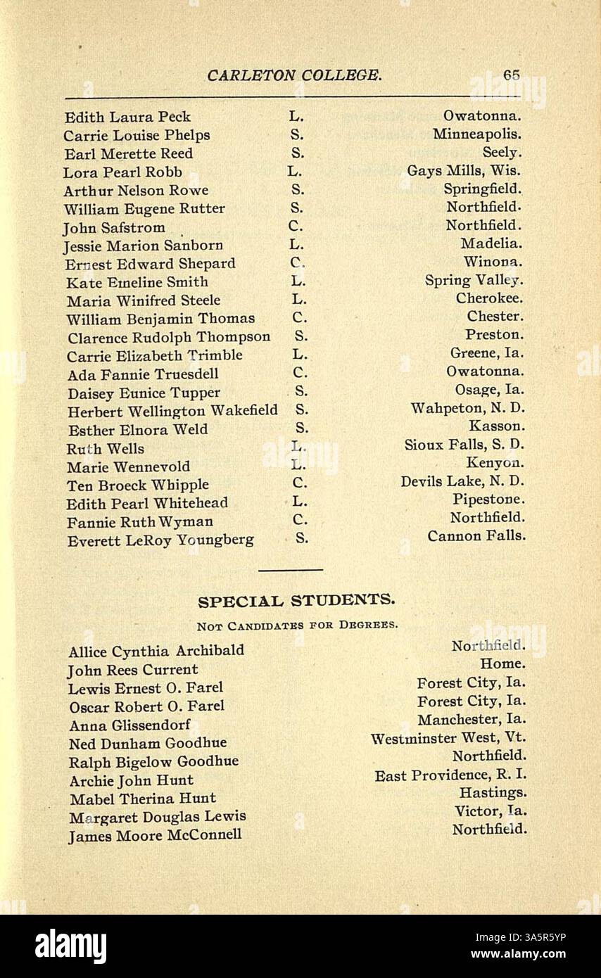 Ce catalogue de 1898-1899 du Collège Carleton décrit les cours d'études, les professeurs, les étudiants, les détails du département, et comprend un croquis historique, un calendrier et des informations d'admission. Banque D'Images