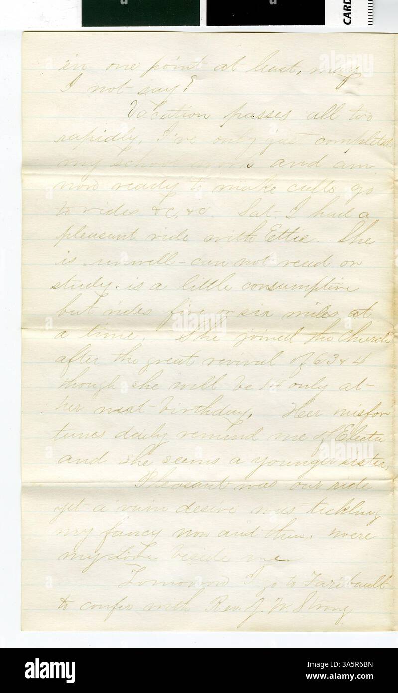 Une lettre du professeur Horace Goodhue à sa fiancée, écrite le 30 décembre 1867, décrivant la vie et le travail à Northfield, Minnesota. La lettre offre un aperçu de la vie au XIXe siècle dans la région. Banque D'Images