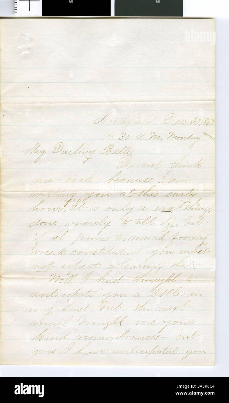 Une lettre du professeur Horace Goodhue à sa fiancée, écrite le 30 décembre 1867, décrivant la vie et le travail à Northfield, Minnesota. La lettre offre un aperçu de la vie au XIXe siècle dans la région. Banque D'Images