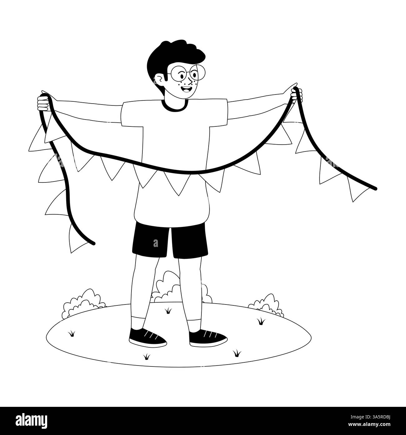 Garçon décore l'espace extérieur avec des drapeaux festifs dans un cadre ludique pendant la journée Illustration de Vecteur