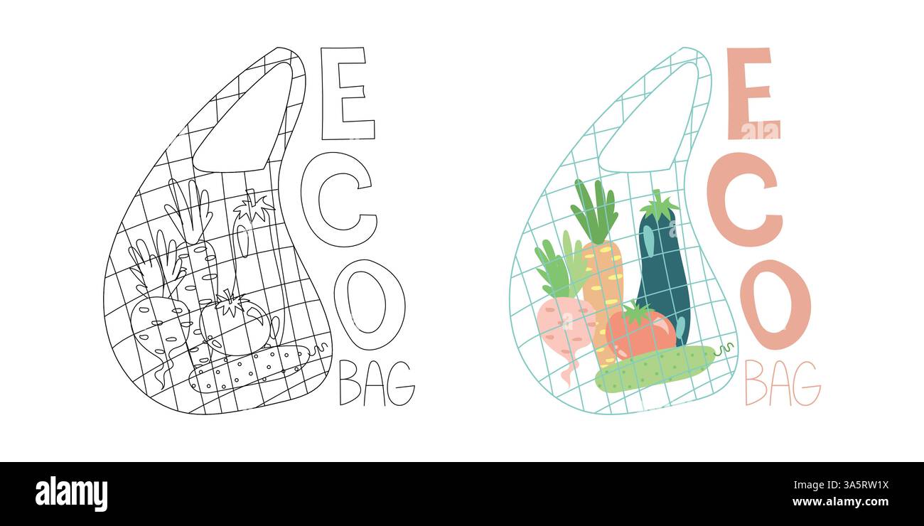 Sac d'épicerie en maille écologique rempli de légumes frais et de lettrage écologique. Idéal pour les marchés fermiers, les achats durables et le mode de vie biologique Illustration de Vecteur