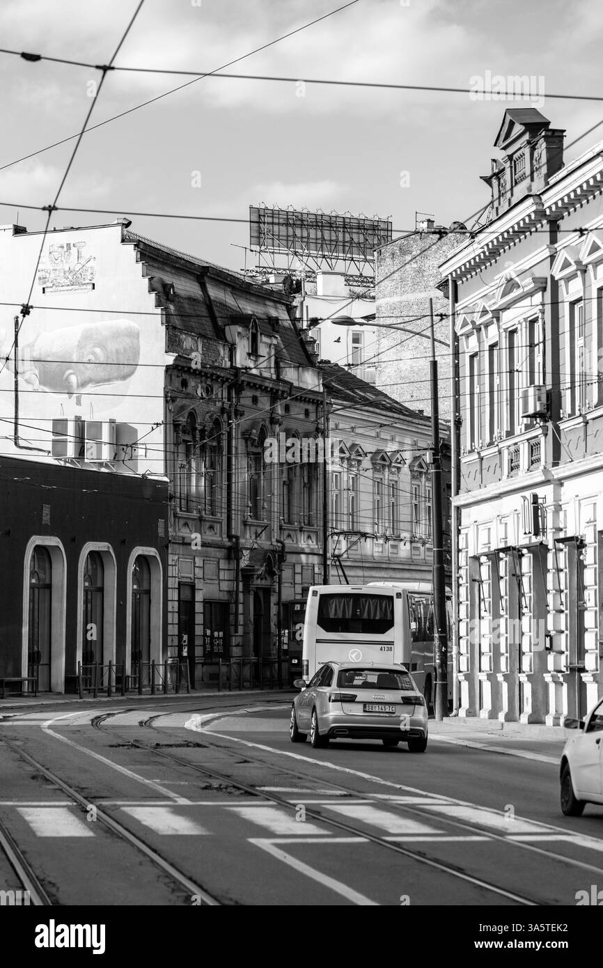 Belgrade, Serbie - 8 février 2024 : architecture générique et vue sur la rue depuis Belgrade, la capitale de la Serbie. Banque D'Images