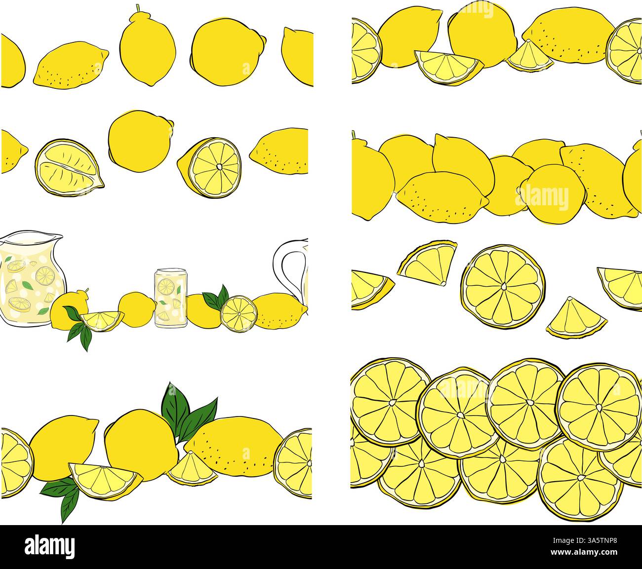 ensemble de bordure sans couture de citron, cadre de fruits, élément exotique d'agrumes pour le design, espace pour le texte, limonade. Bordure horizontale transparente de l'encre de ligne graphique vectorielle Illustration de Vecteur