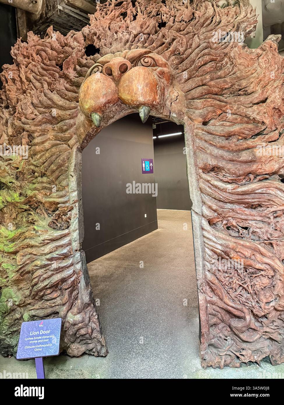 La porte Lion à Singapour est fabriquée à partir de timbres de lychee et de racines avec l'artisanat chinois. Banque D'Images