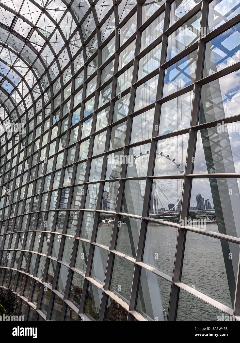 La structure géométrique en verre du Flower Dome reflète le Singapore Flyer et les gratte-ciel, créant une scène moderne et dynamique. Banque D'Images