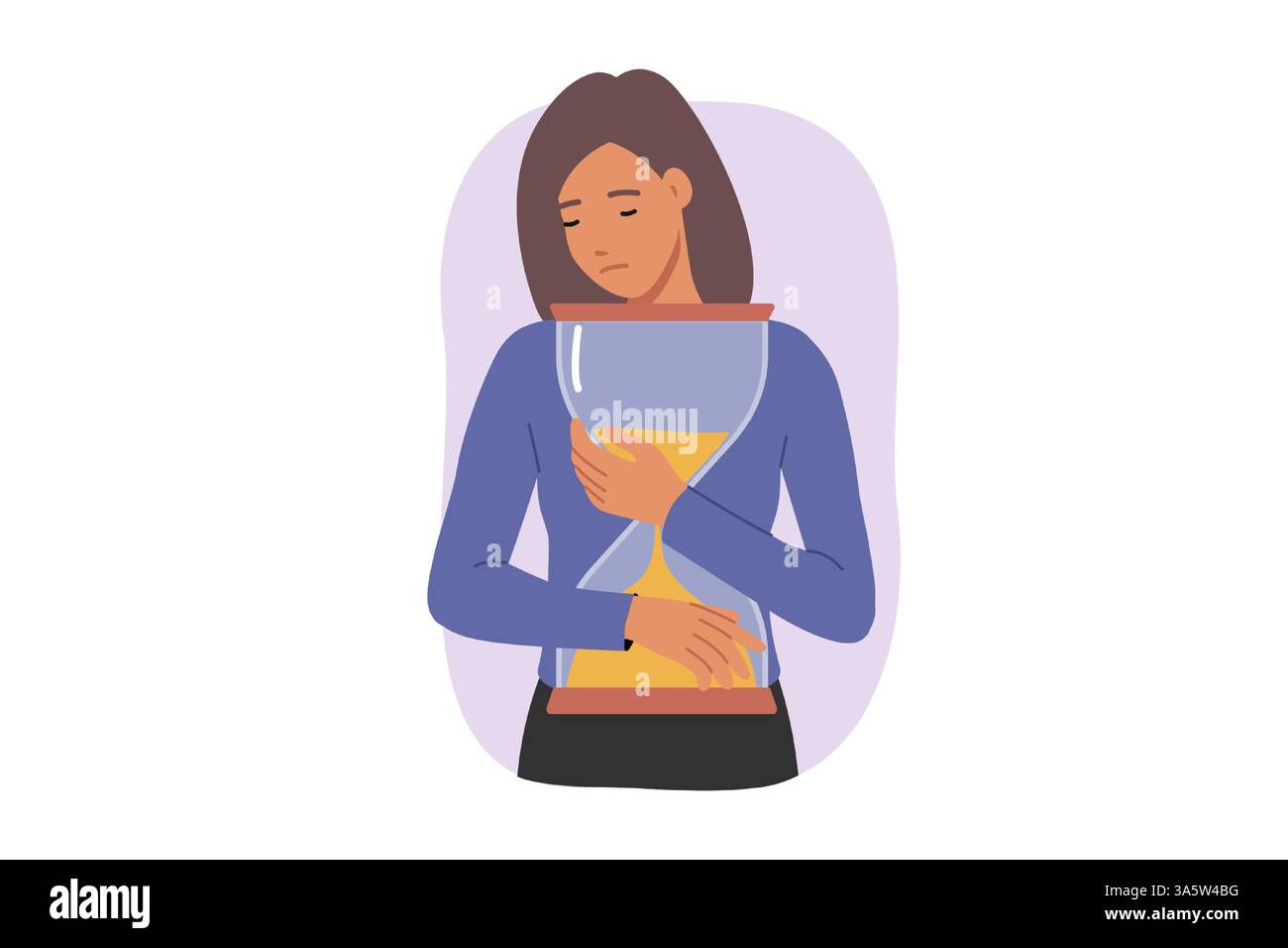 Sentiments d'être mordu par le temps provoque le stress chez la femme serrant grand sablier. Illustration de Vecteur