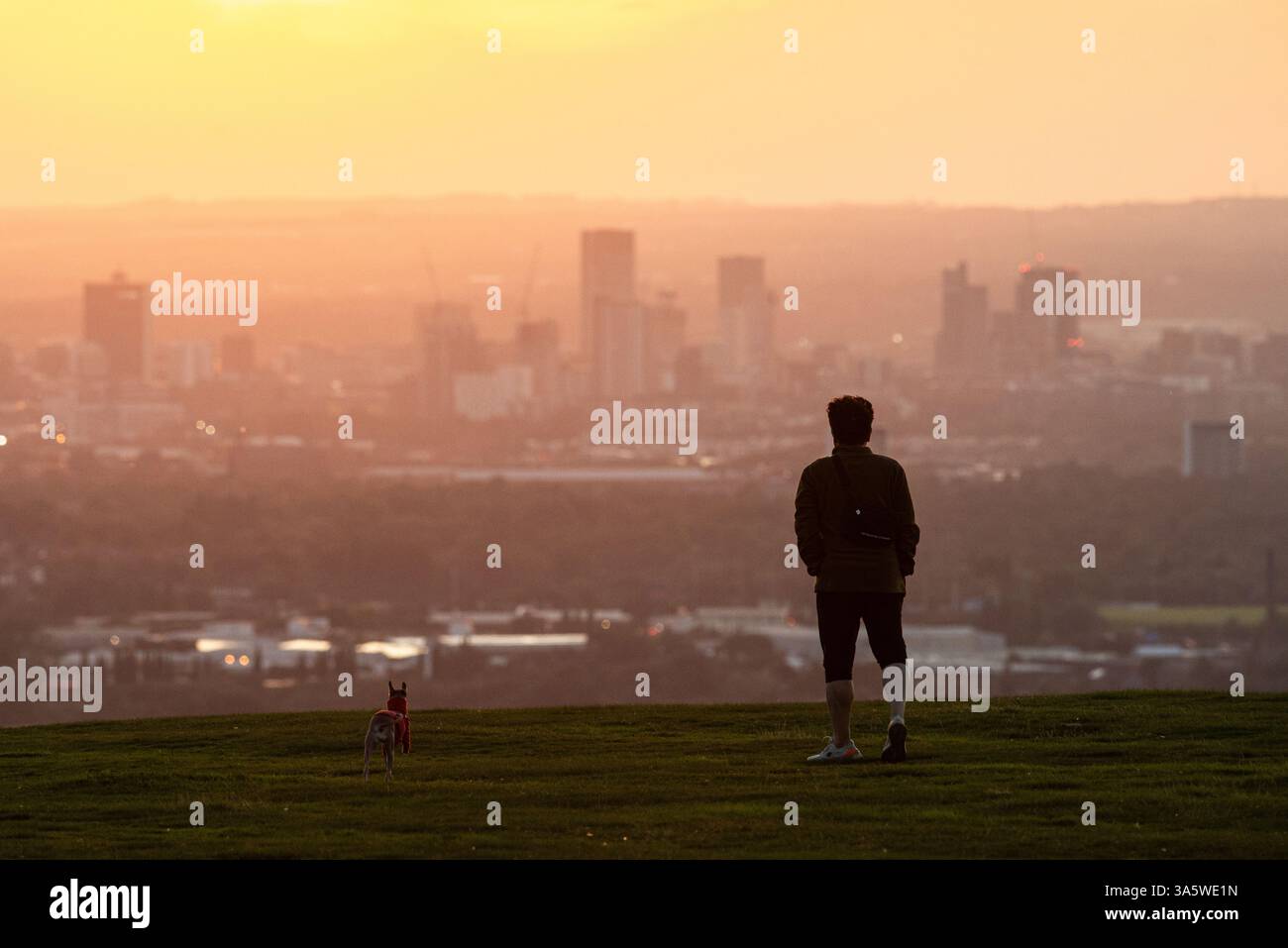 Une personne promène son chien au coucher du soleil sur Werneth Low, une colline dans le Grand Manchester regardant vers le centre-ville de Manchester. Banque D'Images