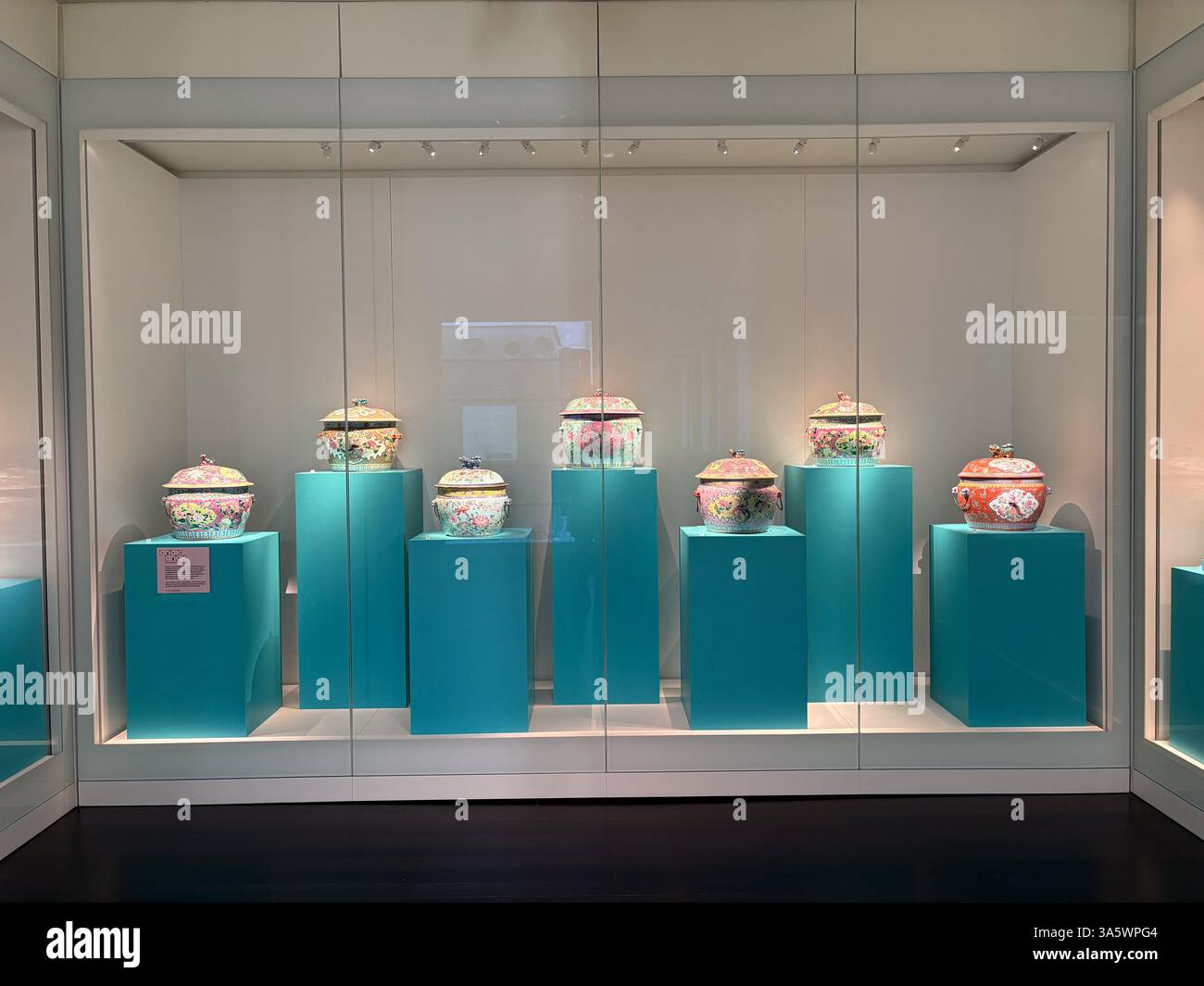 Vitrine de Nyonyaware, un type de porcelaine chinoise de Straits, sur des piédestaux bleus dans une vitrine en verre. Banque D'Images