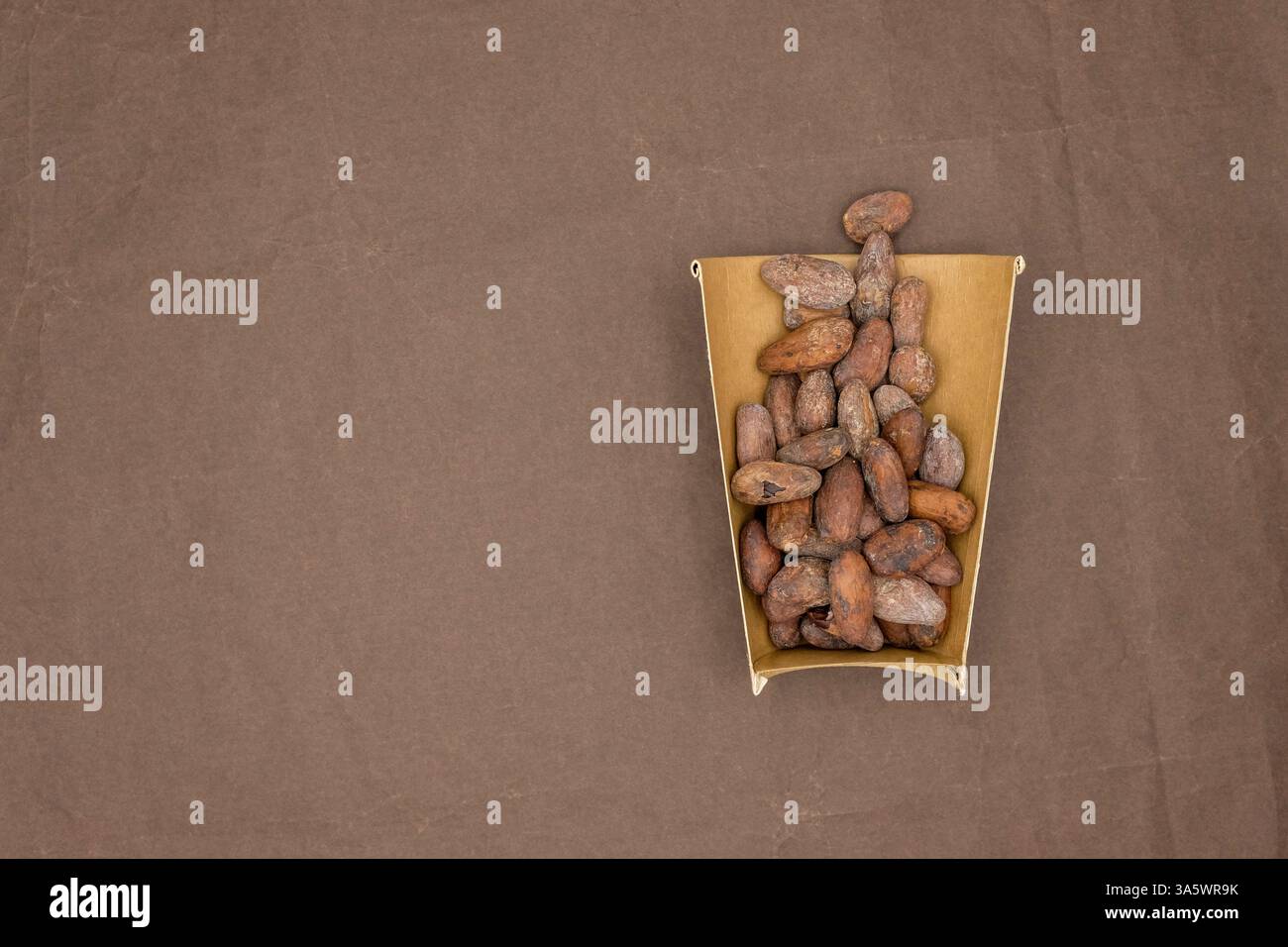 Fèves de cacao dans la tasse en papier à moitié jetable. Cacao durable. Boisson au cacao. Fond de papier de soie de couleur chocolat. Copier l'espace. Banque D'Images