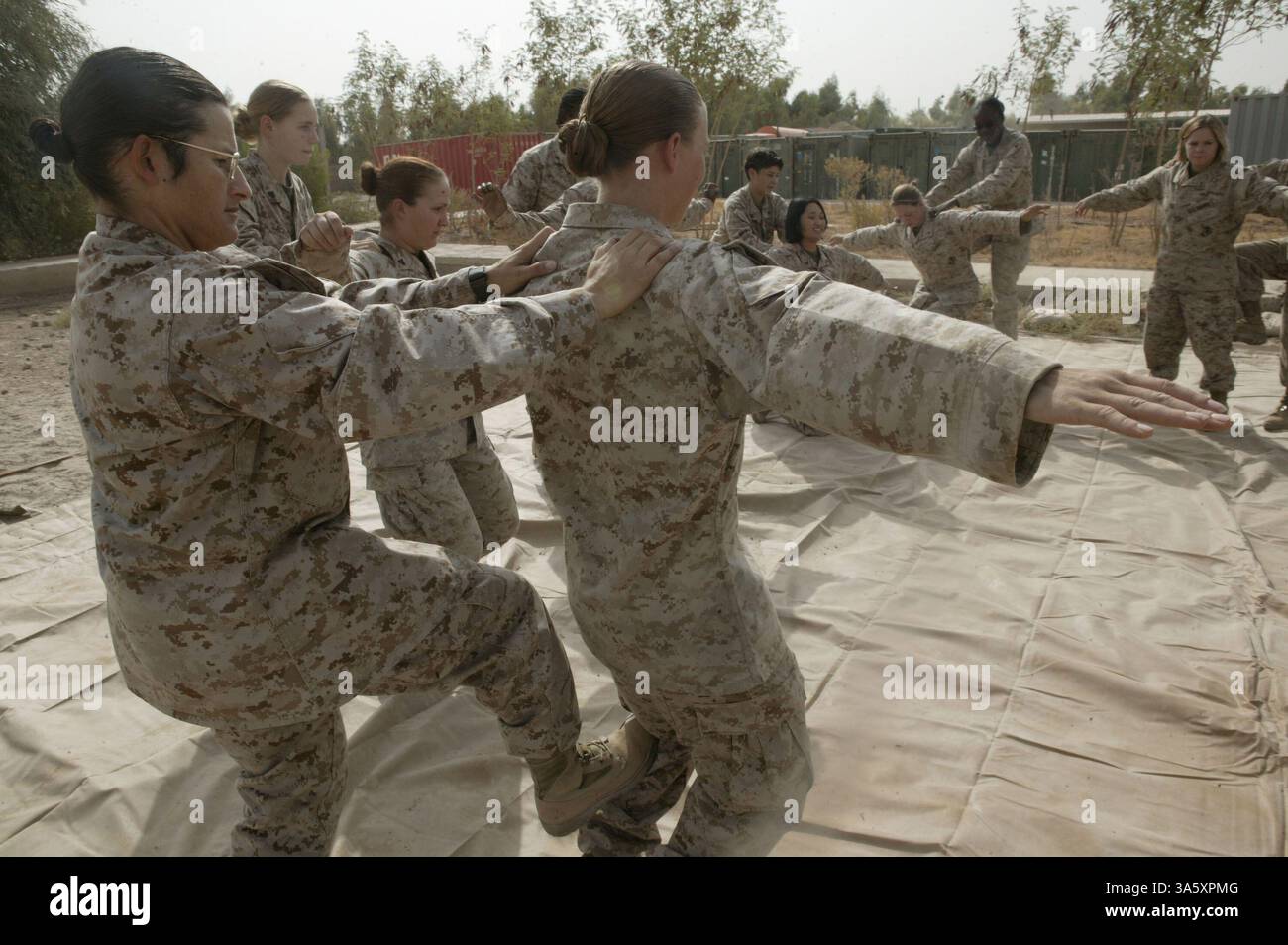15 octobre 2004 ; Camp Fallujah, Irak ; le sergent-major du 1er Bataillon de soutien des services de combat, le 1er Sgt IRENE Z. O'NEAL, à gauche, met son partenaire d'entraînement au sol pendant une classe de détention, de recherche et d'escorte féminine au Camp Fallujah, Irak, 15 octobre 2004. La formation découle des directives du commandant de bataillon, qui sont basées sur les leçons tirées des phases antérieures de l’opération liberté irakienne. Le détachement de la police militaire n'a actuellement qu'une femme sur place, mais avec l'aide de marines féminines correctement entraînées, le bataillon devrait être en mesure d'appuyer le processus de détention et de perquisition. O Banque D'Images