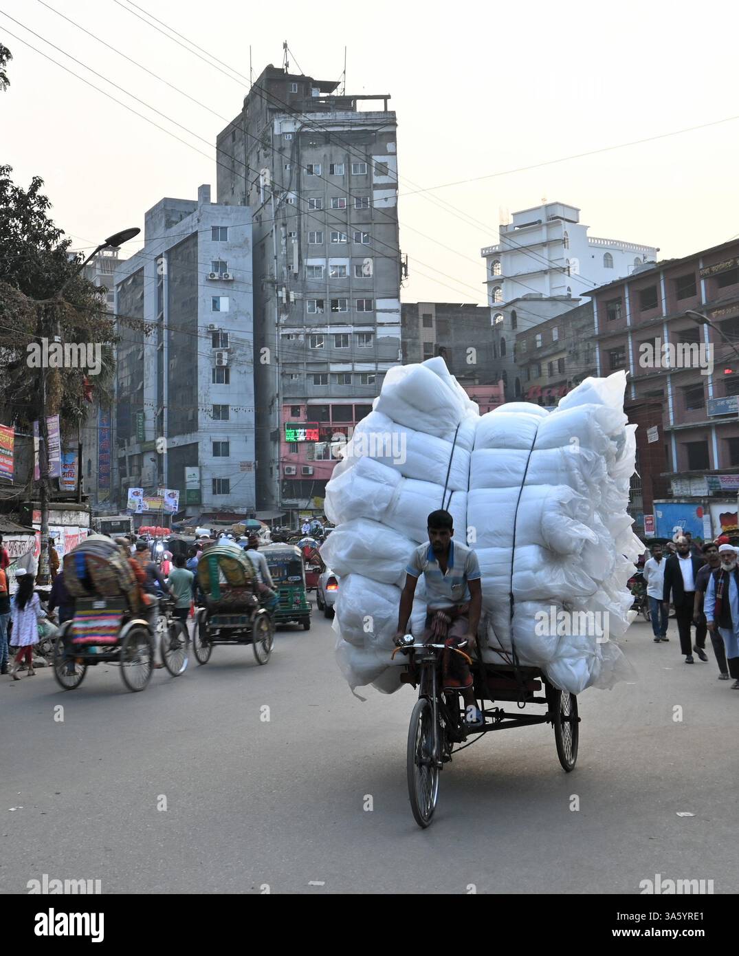 Transport de marchandises sur rikshaw à Dhaka, Bangladesh Banque D'Images