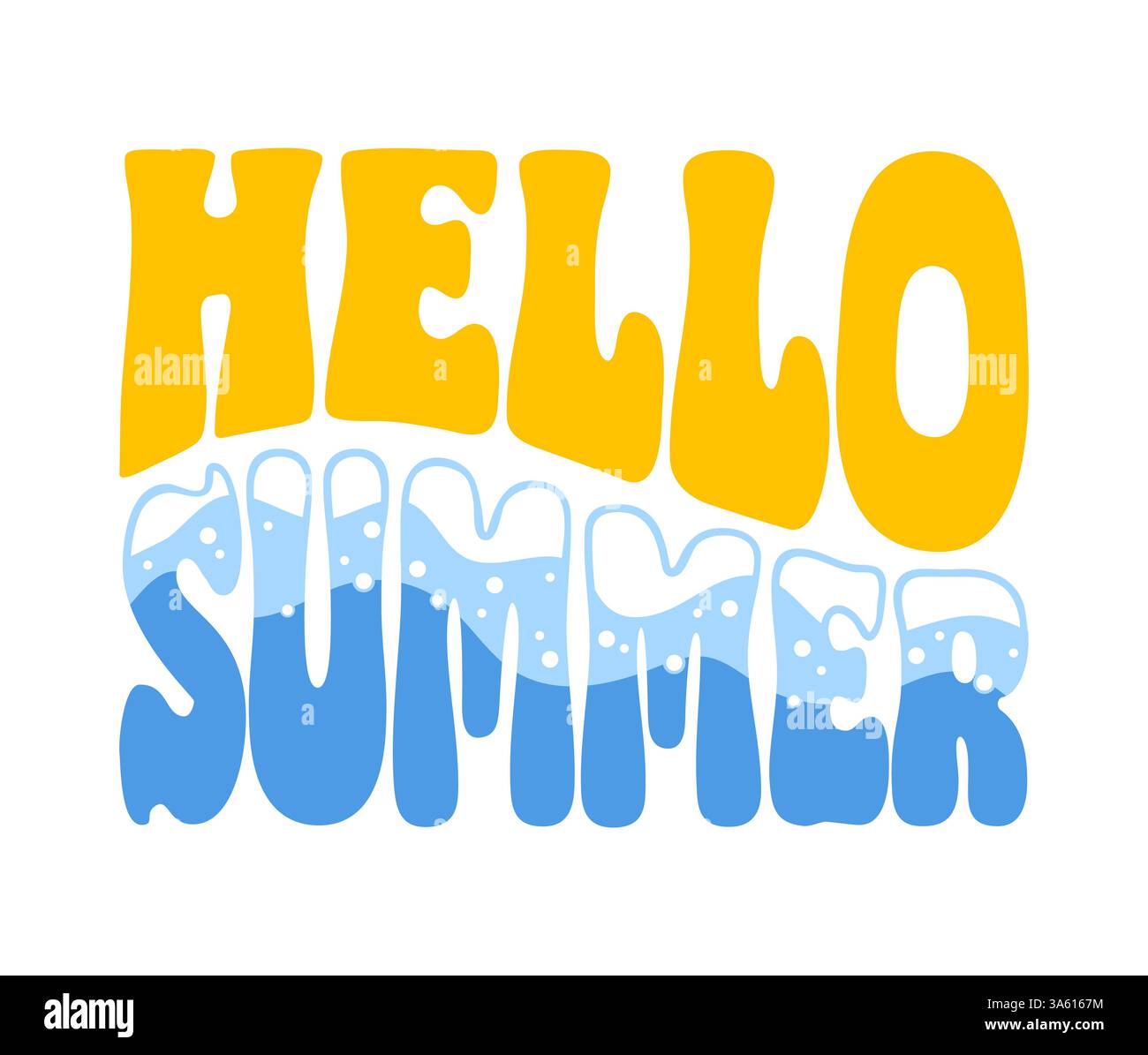 Une illustration vectorielle lumineuse mettant en vedette la phrase joyeuse bonjour l'été en lettres groovy, accompagnée d'une vague de mer ludique. Parfait pour l'été de Illustration de Vecteur