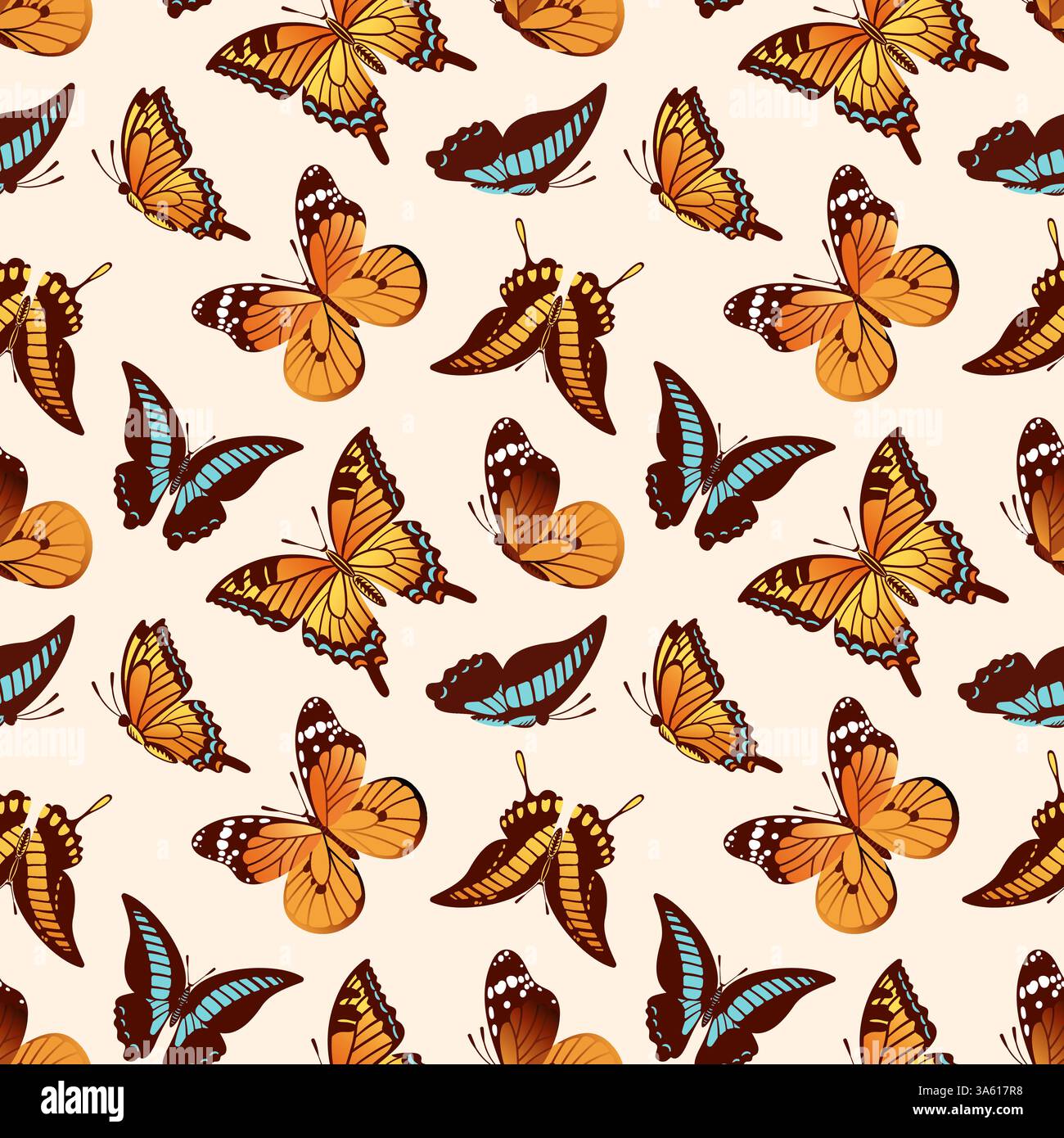 Cette illustration vectorielle présente un superbe motif sans couture de papillons Swallowtail, Papilio thoas et Danaus plexippus. Chaque papillon est décoré Illustration de Vecteur