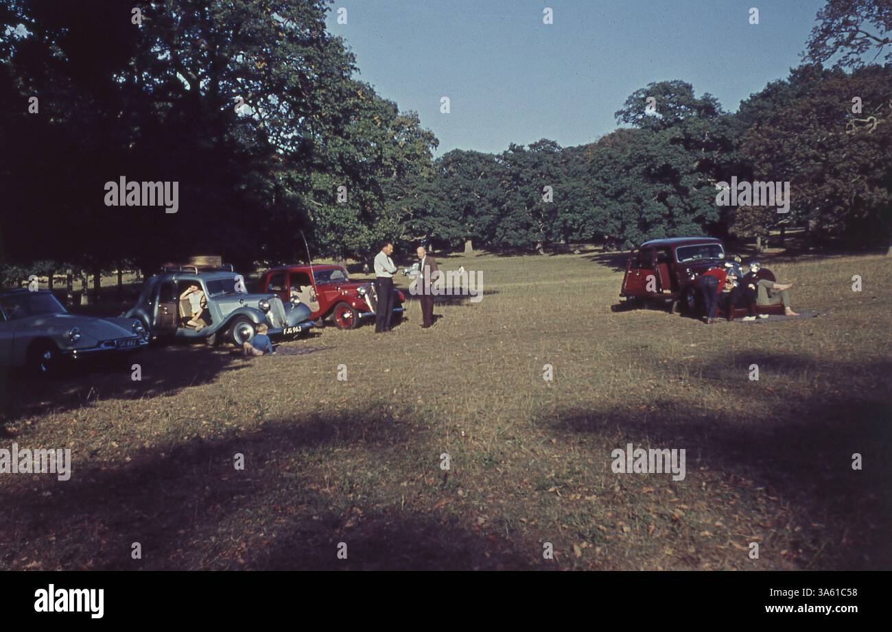 Années 1960, trois voitures Citroën traction avant (Front Wheel Drive) de l'époque garées dans un parc, Angleterre, Royaume-Uni. Citroën, une société automobile française de premier plan, avait à cette époque une usine à Slough, en Angleterre, produisant ses voitures pour le marché britannique. Banque D'Images