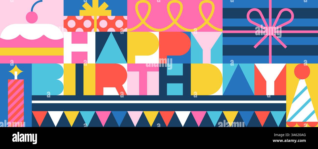 Joyeux anniversaire vacances lettrage. Illustration plate vectorielle de gâteau, drapeaux, boîte cadeau, bougies sur fond arc-en-ciel. Couleur des blocs géométriques de salutation env Illustration de Vecteur
