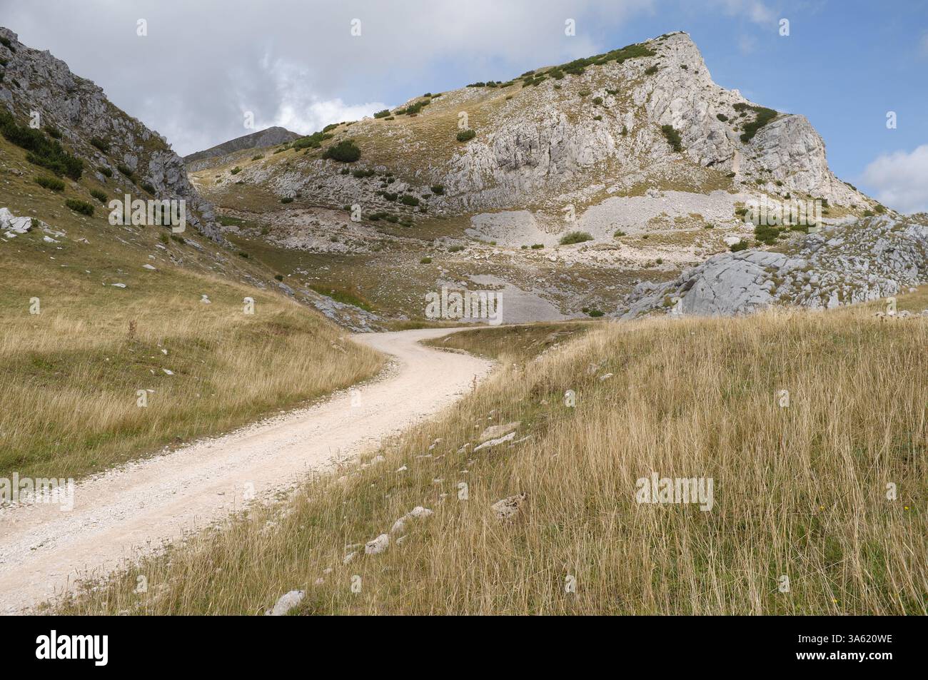 Chemin de terre sinueux à travers la chaîne de montagnes des Alpes dinariques jusqu'au lac Orlovacko dans le parc national de Sutjeska, Bosnie-Herzégovine Banque D'Images