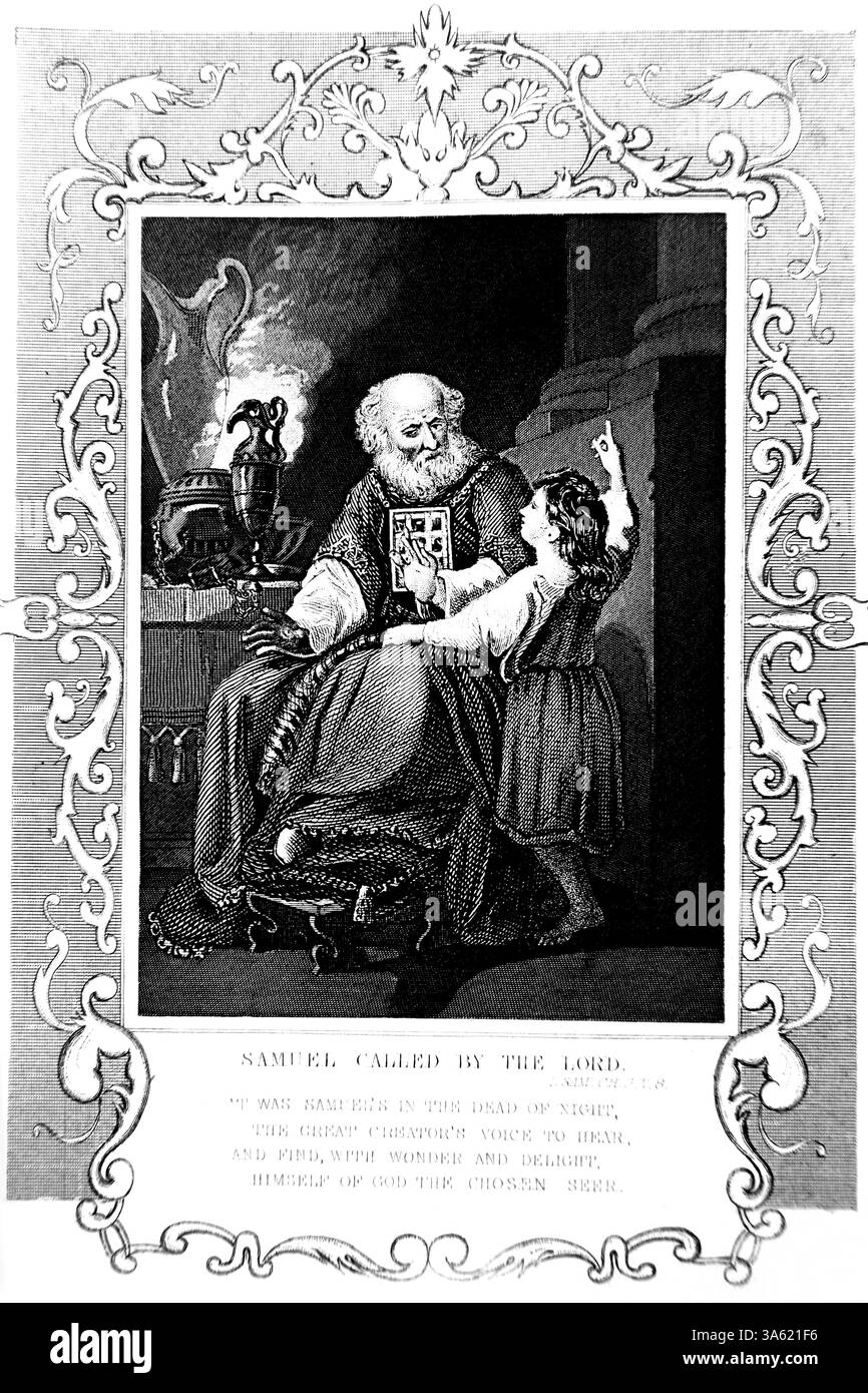 Illustration de Samuel appelé par le Seigneur - jeune Samuel avec le Grand prêtre Eli au Tabernacle gravure en acier par Alexander Fletcher Circa 1860 Banque D'Images