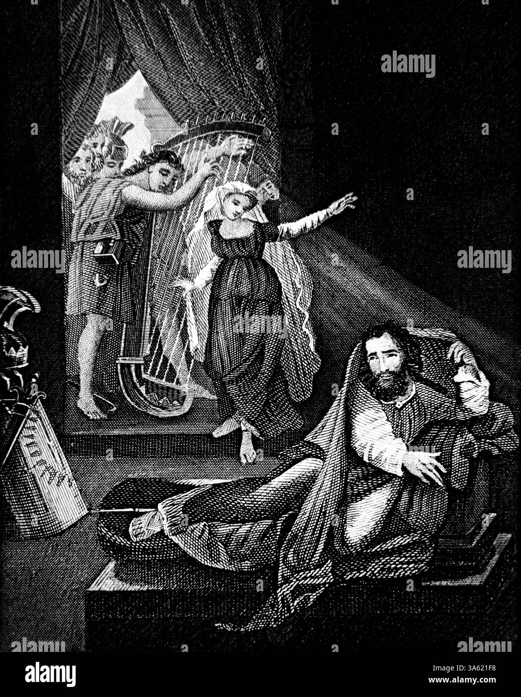 Illustration de David jouant avant Saul - David envoyé jouer la harpe pour le roi Saul pour l'apaiser quand le mauvais esprit vient sur lui ( Samuel) Banque D'Images