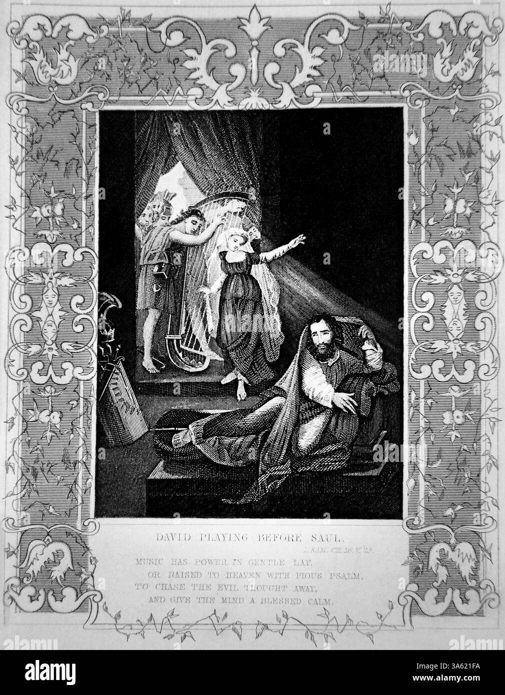 Illustration de David jouant avant Saul - David envoyé jouer la harpe pour le roi Saul pour l'apaiser quand le mauvais esprit vient sur lui ( Samuel) Banque D'Images