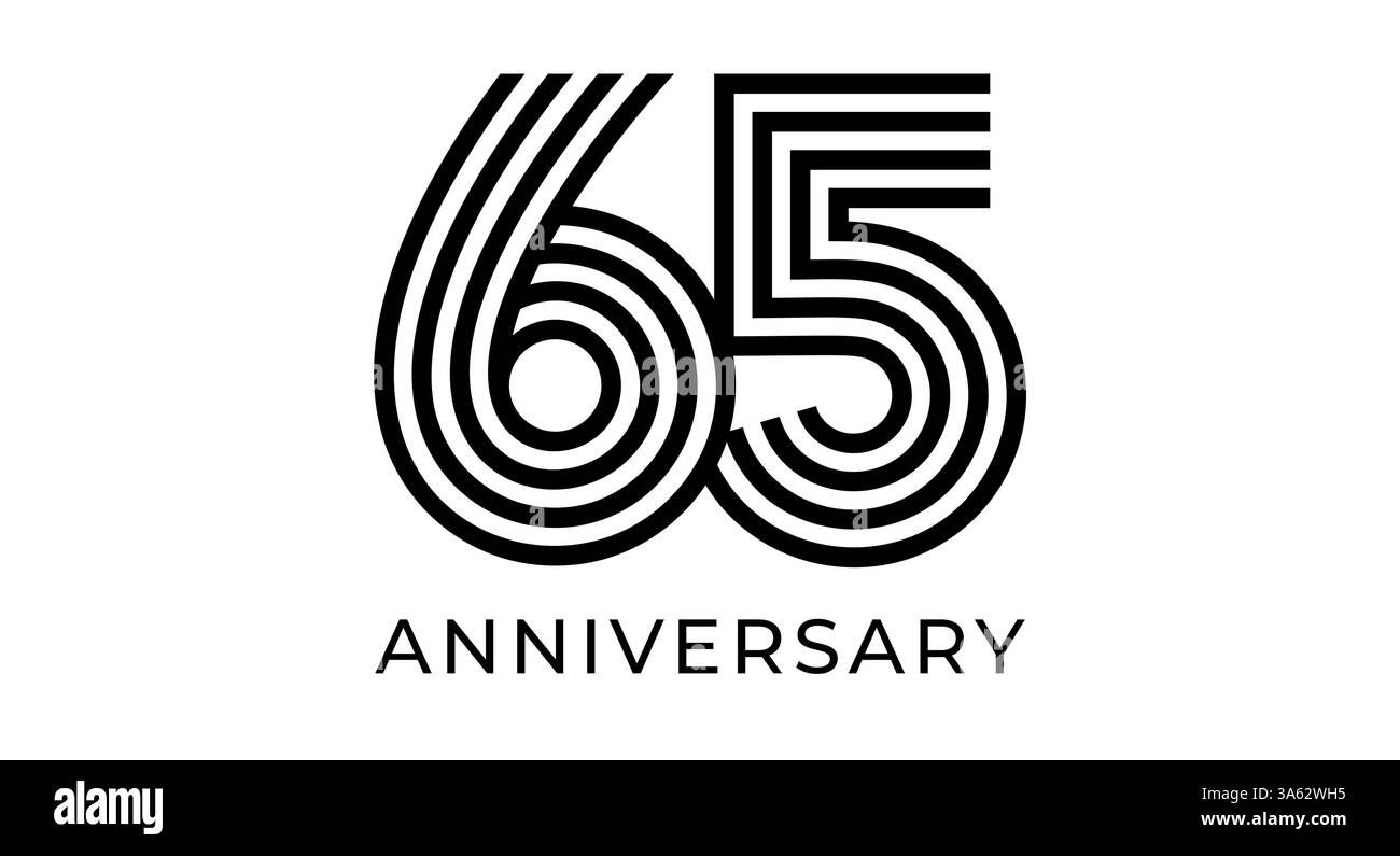 signe 65e anniversaire, numéro géométrique rayé 65 pour carte de voeux, conception d'événement d'anniversaire, matériaux de marketing d'entreprise, logo de jubilé de mariage Illustration de Vecteur