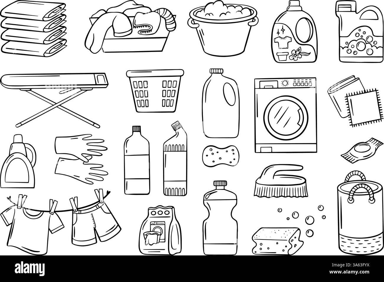 Griffonner les accessoires de lessive. Lave-linge, détergent en poudre et liquide, vêtements sales et propres sur corde. Nettoyage et lavage d'éléments vectoriels néotériques Illustration de Vecteur