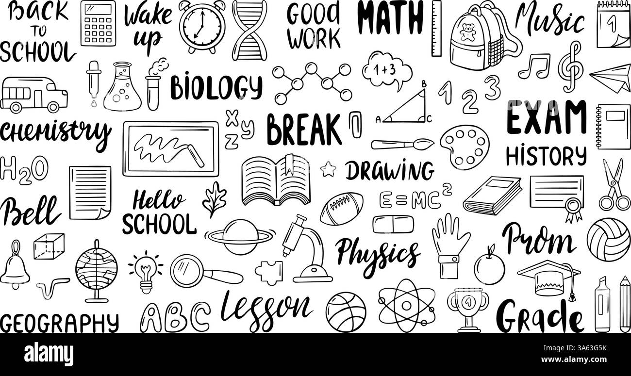 Lettrage de retour à l'école. Texte manuscrit biologie physique mathématique, titres des leçons, phrases positives. Symboles d'éducation Doodle, icônes vectorielles néotériques Illustration de Vecteur