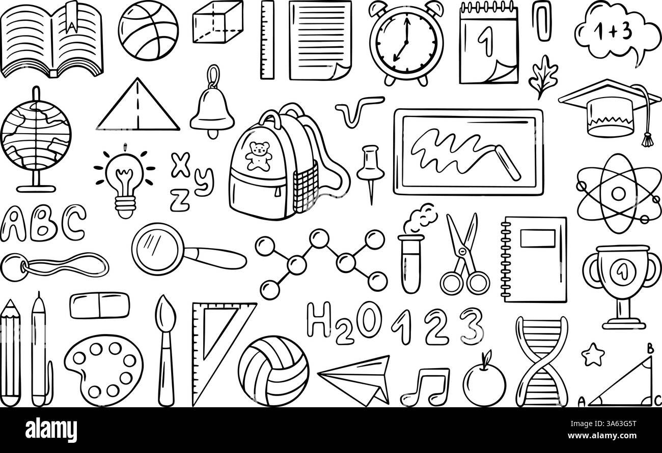 Éléments de gribouillage scolaire. Globe livres ordinateur portable calendrier réveil. Icônes d'étude dessinées à la main, papeterie et équipement pour l'apprentissage, ensemble de vecteurs néotériques Illustration de Vecteur