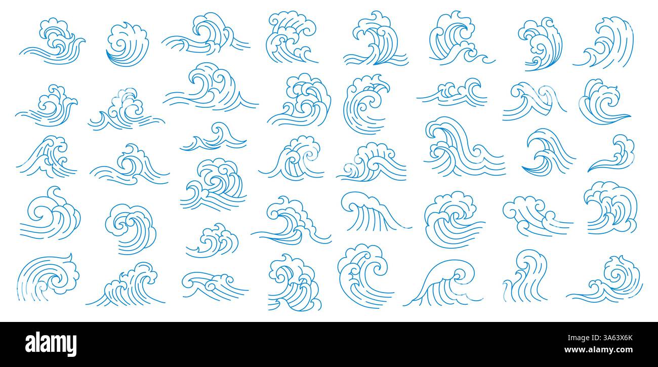 Mer Océan icônes asiatiques japonaises et chinoises des vagues. Vagues graphiques d'art de ligne vectoriel avec motif oriental vintage d'éclaboussures d'eau bleue et de tourbillons. Plages asiatiques de surf, tsunami océanique ou icônes de tempête Illustration de Vecteur