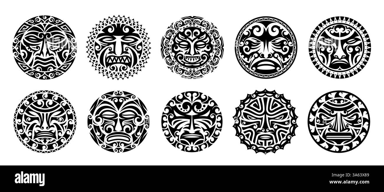 Guerrier maori face à un tatouage tribal ou à des emblèmes ornés. Motif d'art tribal de Nouvelle-Zélande ou ensemble de symboles vectoriels. Visages guerriers de tribu samoane ou tatouages ronds de culture hawaïenne, imprimés ethniques maoris polynésiens Illustration de Vecteur