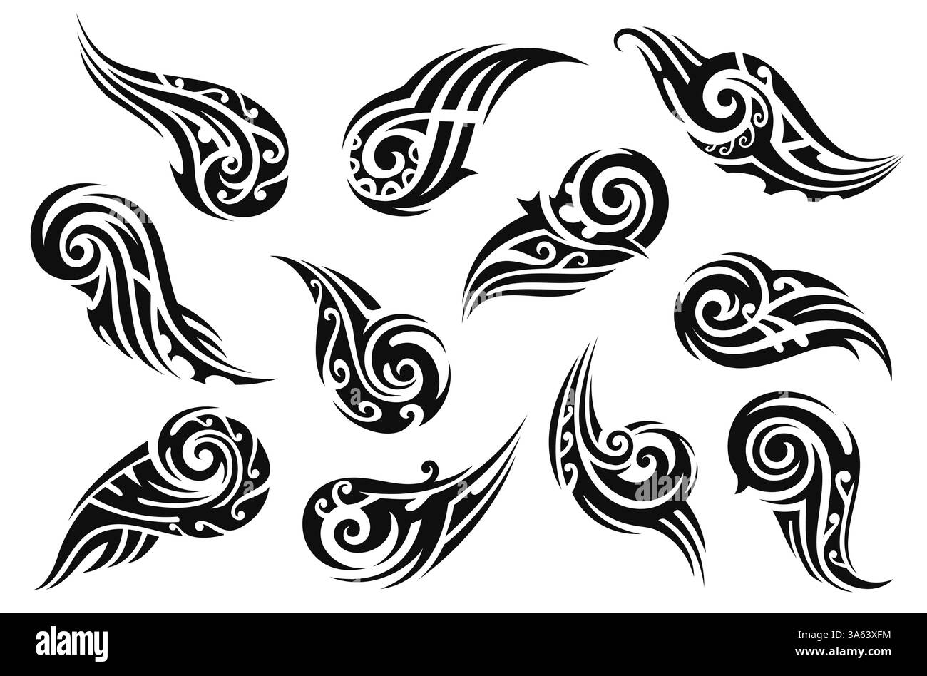 Les ornements de tatouage maori tribaux noirs, avec des motifs et des éléments tourbillonnants, évoquent la force, l'énergie et le mouvement fluide. Ensemble vectoriel isolé de décalcomanies ornées, motifs tribaux tourbillonnants traditionnels Illustration de Vecteur