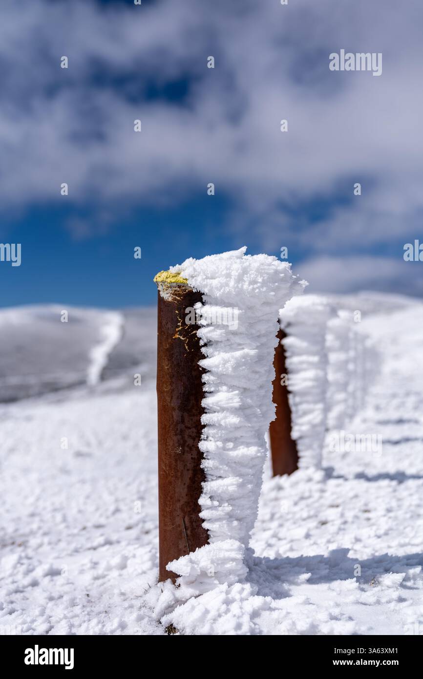 Belle neige gelée créant des formes autour de poteaux rouillés sur un sommet de montagne avec un ciel bleu et des nuages Banque D'Images