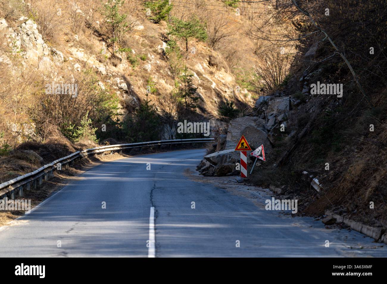 Panneaux routiers indiquant un glissement de rocher bloquant une route de montagne dans une région éloignée avec des arbres et des arbustes Banque D'Images