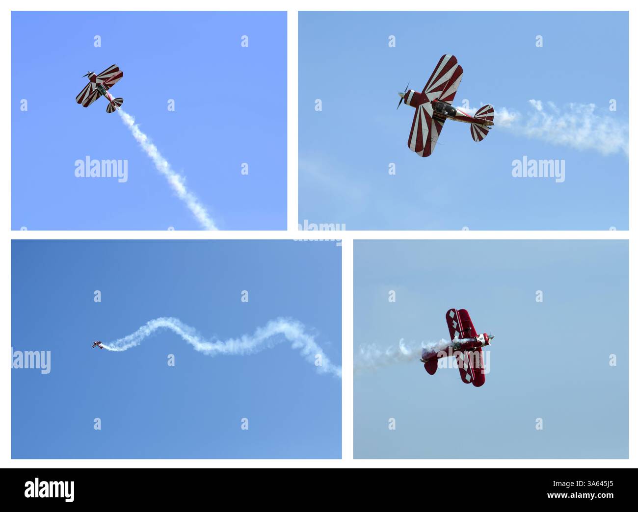 Avion Rouge en boucle dans un ciel bleu. Lot de quatre images Banque D'Images