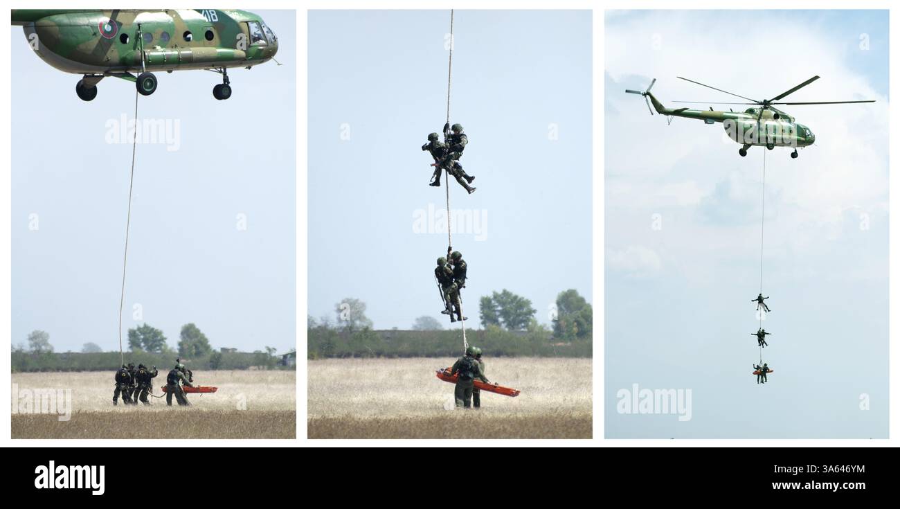 Opération militaire avec des hélicoptères. Soldat de sauvetage. Les images d'arbres Banque D'Images